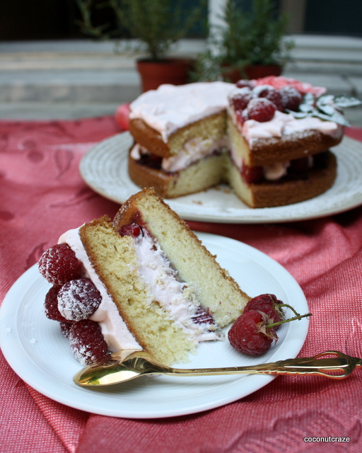 A slice of rose and raspberry cake